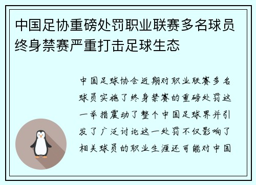 中国足协重磅处罚职业联赛多名球员终身禁赛严重打击足球生态
